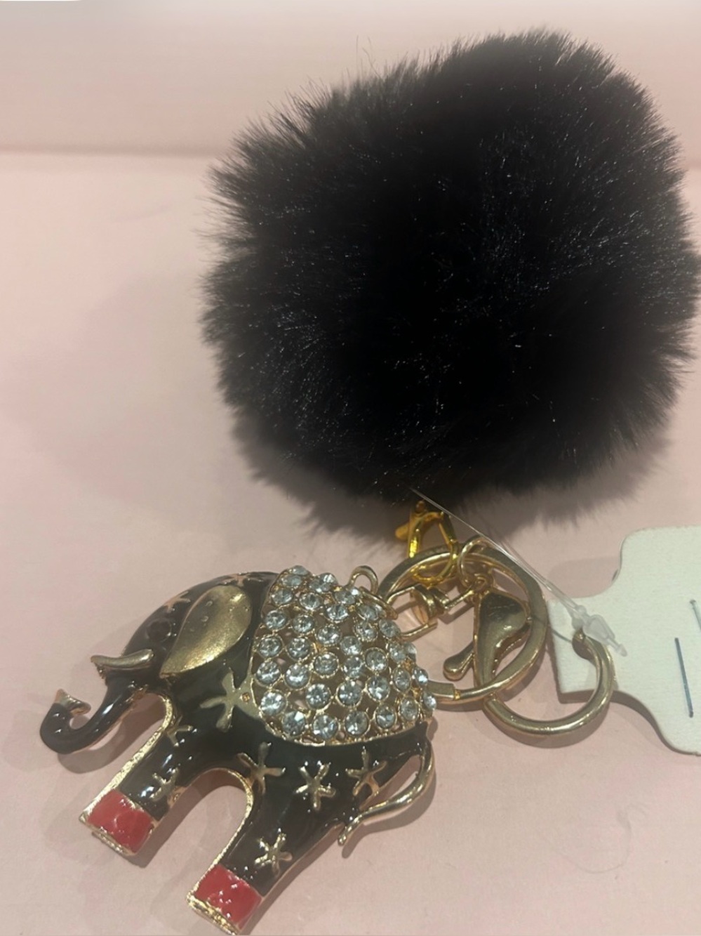 Fashion Jewelry Black Pom-Pom Keyring with Jeweled Elephant Charm